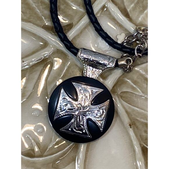 NECKLACE - Pendant on 16" black leather chain Maltese Cross - Picture 2 of 5